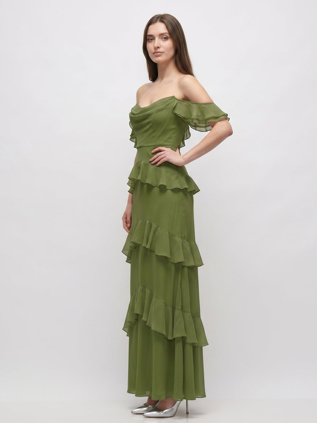 Olive Green Chiffon Sheath Off-the-Shoulder Back Zip Floor-Length Ruffle Bridesmaid Dress - Curvevia