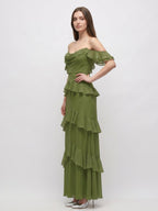 Olive Green Chiffon Sheath Off-the-Shoulder Back Zip Floor-Length Ruffle Bridesmaid Dress - Curvevia
