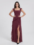 Elegant Cabernet Chiffon A-Line Square Neck Back Zip Ruffle Ankle-Length Bridesmaid Dress - Curvevia