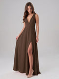 Mocha Chiffon A-Line V-Neck V-Back Floor-Length Pleated Bridesmaid Dress - Curvevia