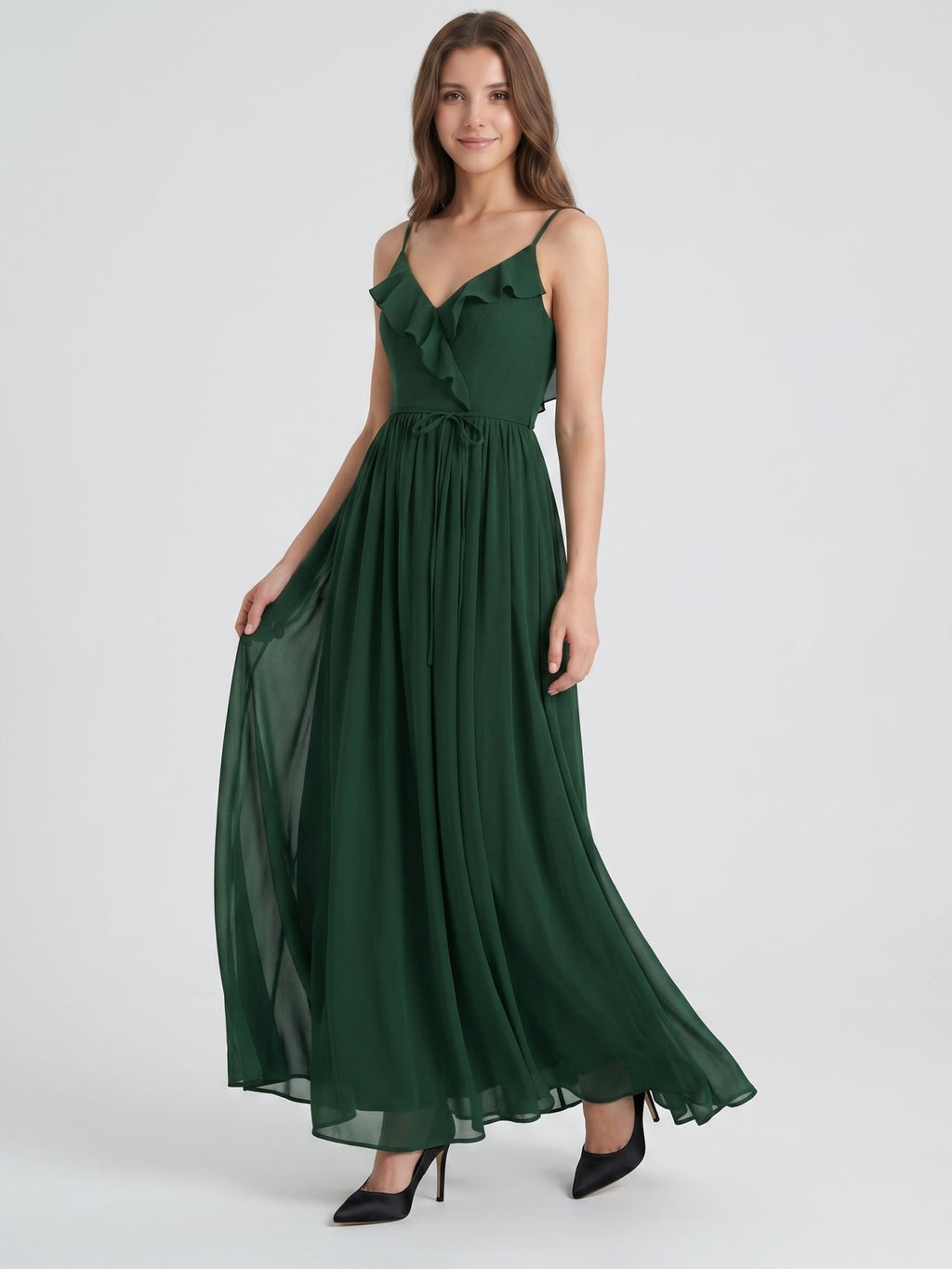 Forest Green Chiffon A-Line V-Neck V-Back Floor-Length Ruffle Bridesmaid Dress - Curvevia
