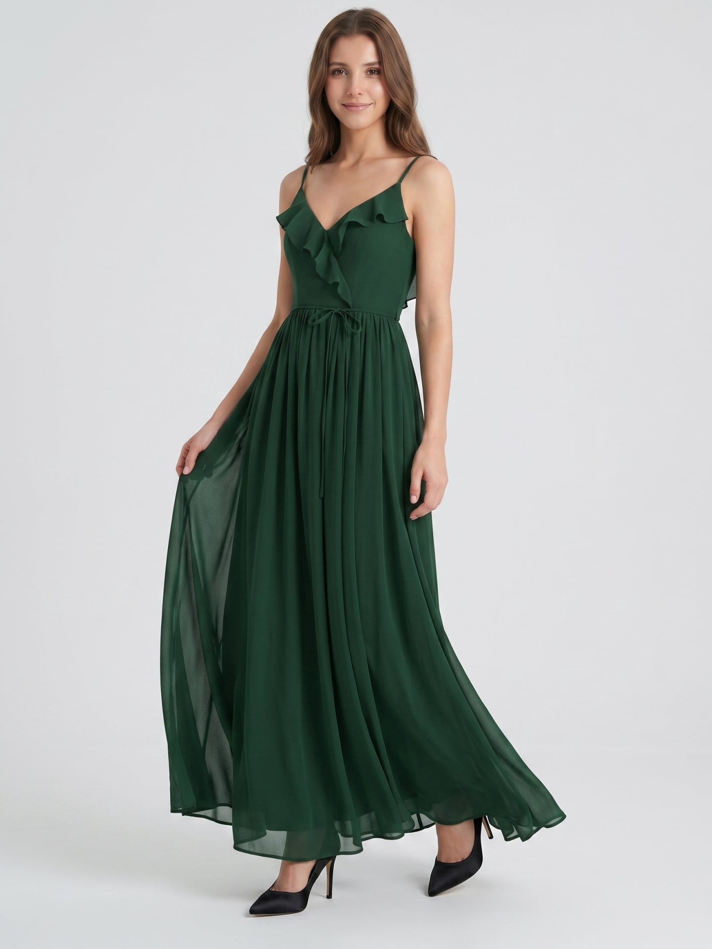 Forest Green Chiffon A-Line V-Neck V-Back Floor-Length Ruffle Bridesmaid Dress - Curvevia
