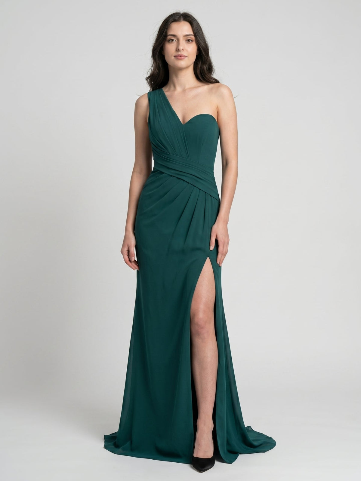 Peacock Chiffon Sheath One Shoulder Back Zip Floor-Length Pleated Bridesmaid Dress - Curvevia