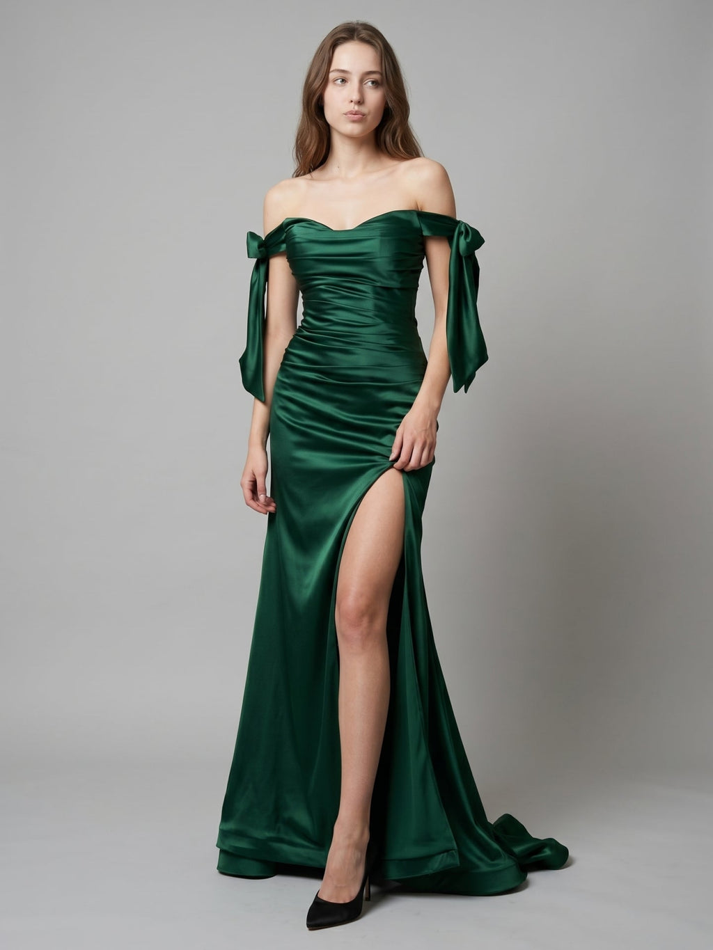 Emerald Satin Trumpet Off-the-Shoulder Backless Floor-Length Bridesmaid Dress with Bow - Curvevia