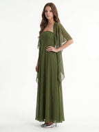 Olive Green Chiffon A-Line Straight Neck Backless Floor-Length Bridesmaid Dress with Cape - Curvevia