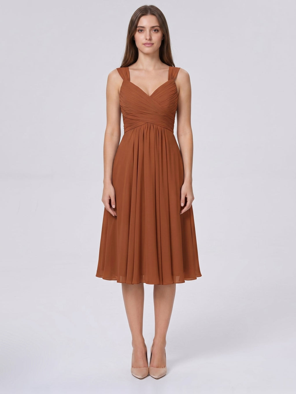 Terracotta Chiffon A-Line V-Neck Backless Knee-Length Bridesmaid Dress with Bow - Curvevia