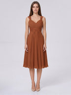 Terracotta Chiffon A-Line V-Neck Backless Knee-Length Bridesmaid Dress with Bow - Curvevia