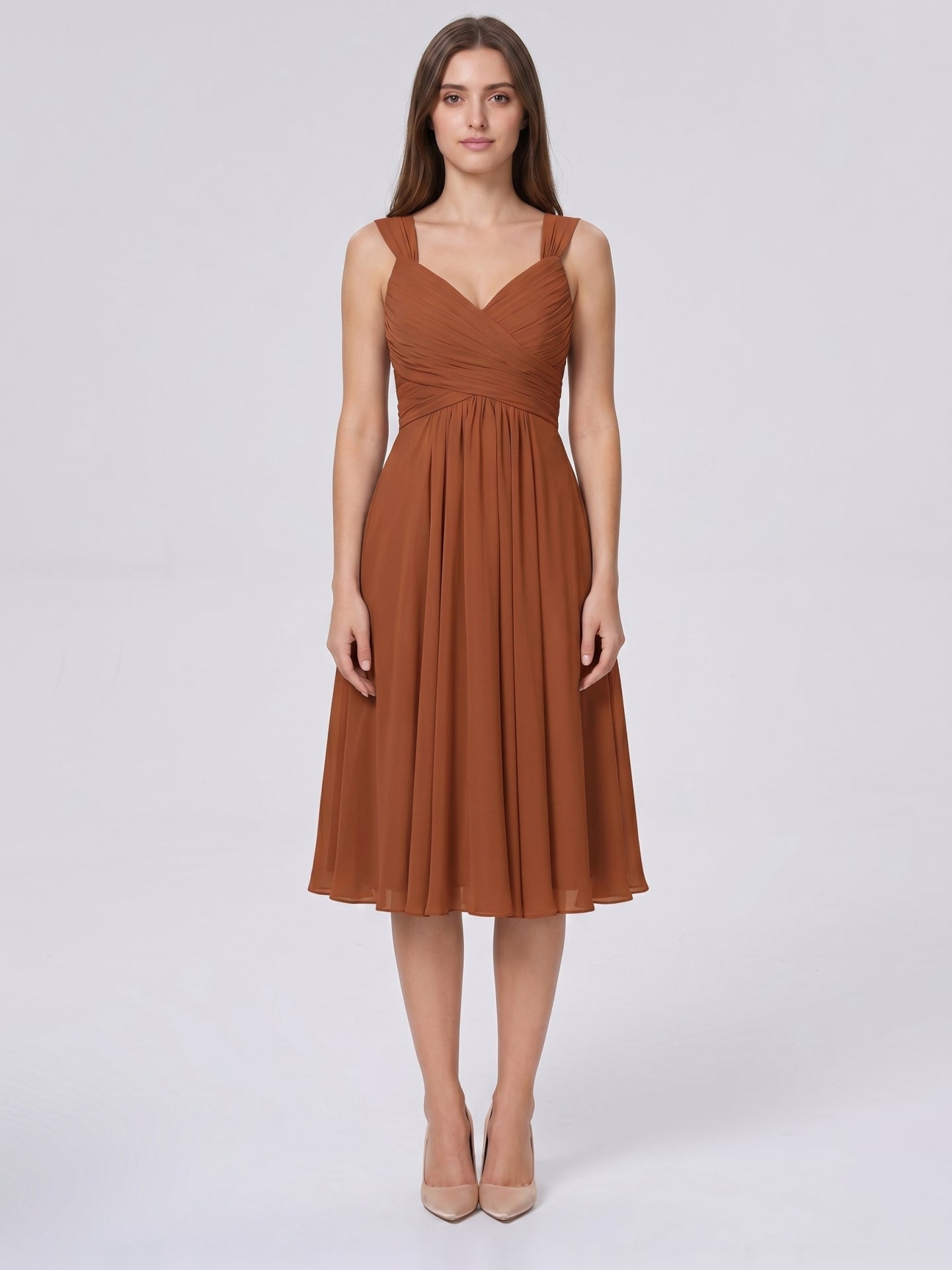 Terracotta Chiffon A-Line V-Neck Backless Knee-Length Bridesmaid Dress with Bow - Curvevia
