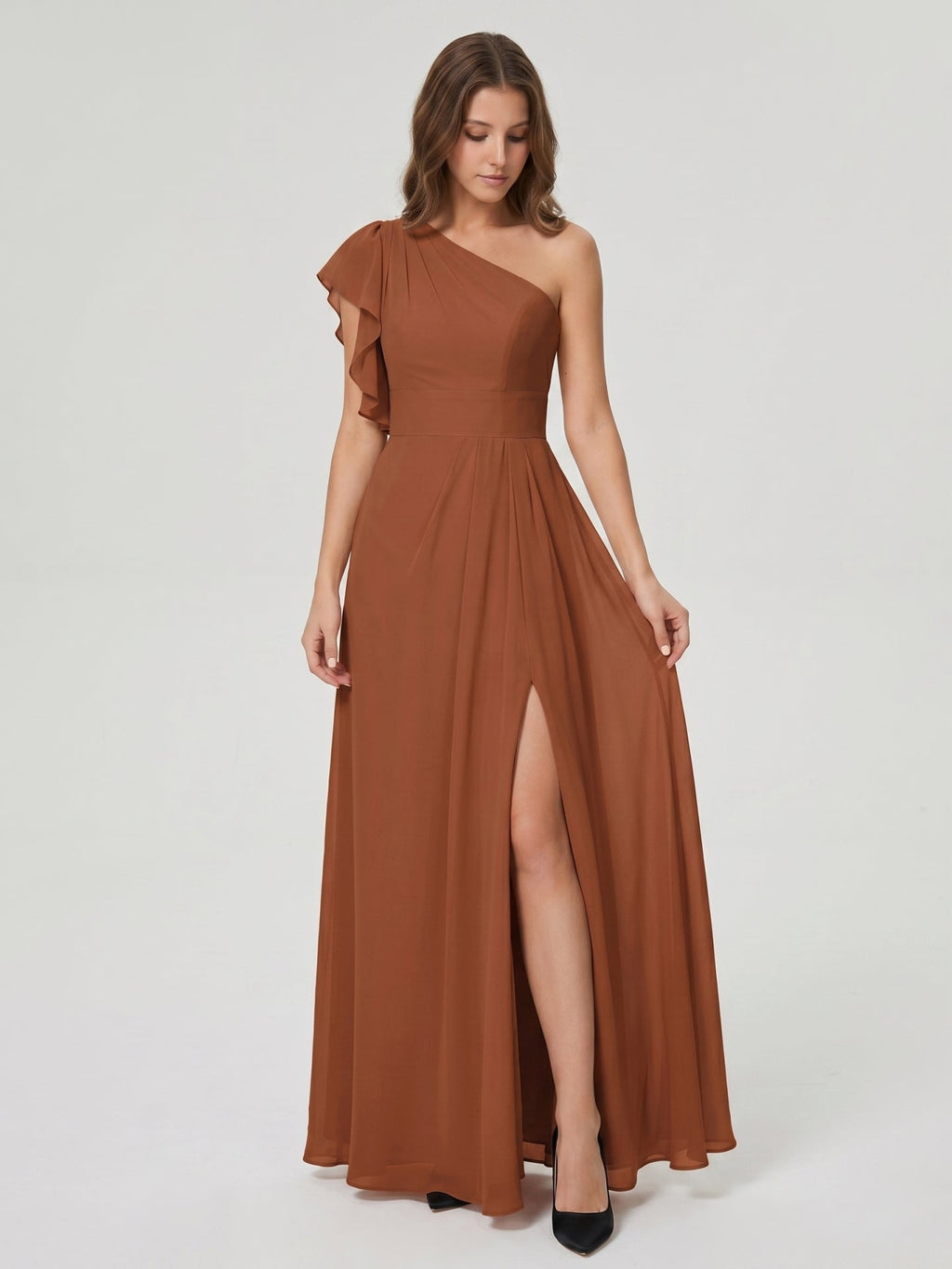 Terracotta Chiffon Sheath One Shoulder Back Zip Floor-Length Ruffle Bridesmaid Dress - Curvevia