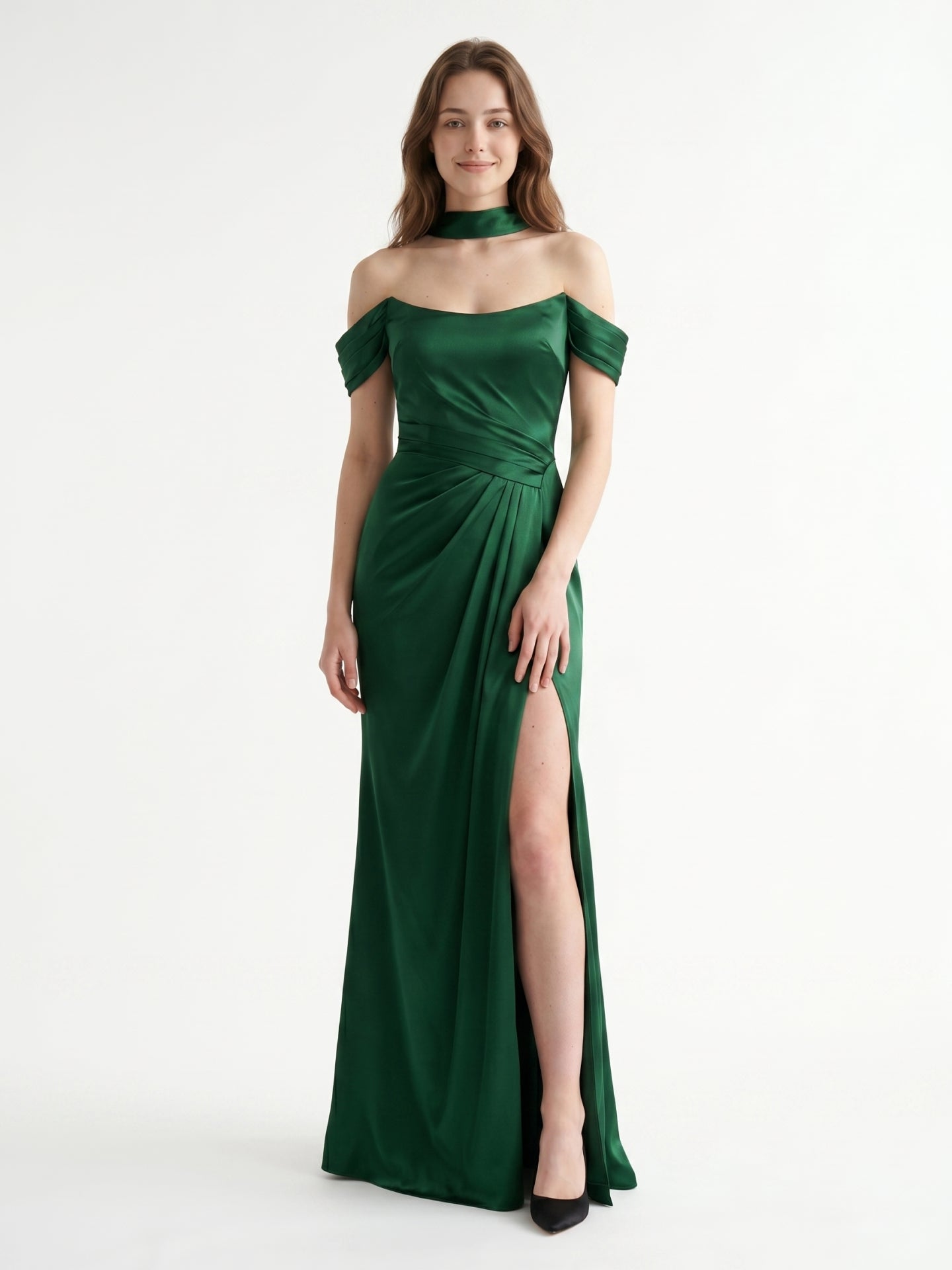 Emerald Satin Sheath Off-the-Shoulder Lace-Up Back Floor-Length Bridesmaid Dress with Bow - Curvevia
