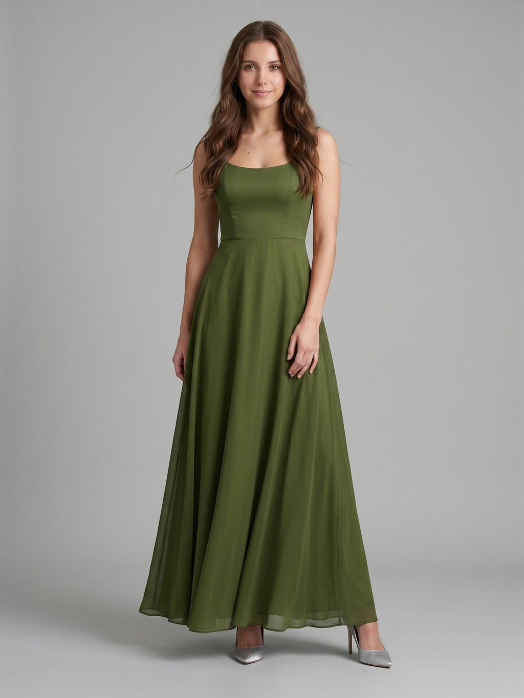 Olive Green Chiffon Column Scoop Neck Backless Floor-Length Bridesmaid Dress - Curvevia