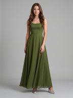 Olive Green Chiffon Column Scoop Neck Backless Floor-Length Bridesmaid Dress - Curvevia