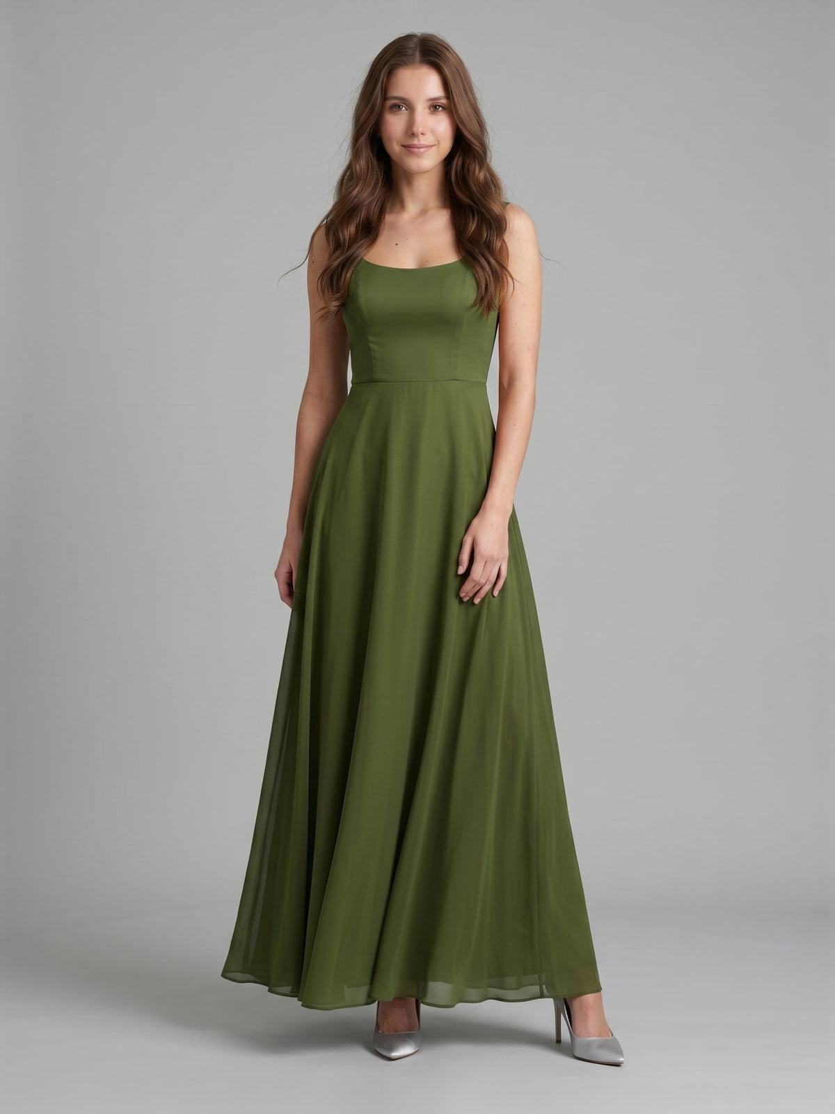 Olive Green Chiffon Column Scoop Neck Backless Floor-Length Bridesmaid Dress - Curvevia
