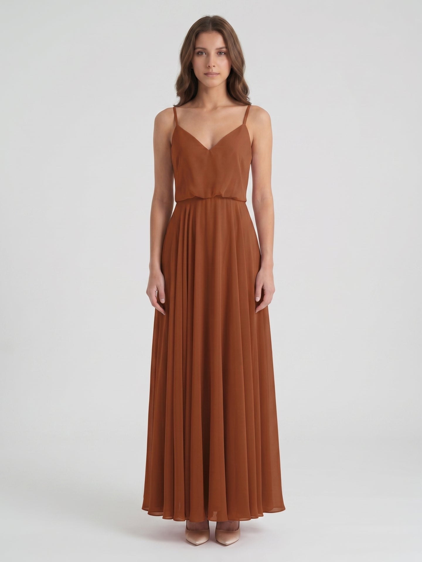 Terracotta Chiffon A-Line V-Neck Backless Floor-Length Bridesmaid Dress - Curvevia