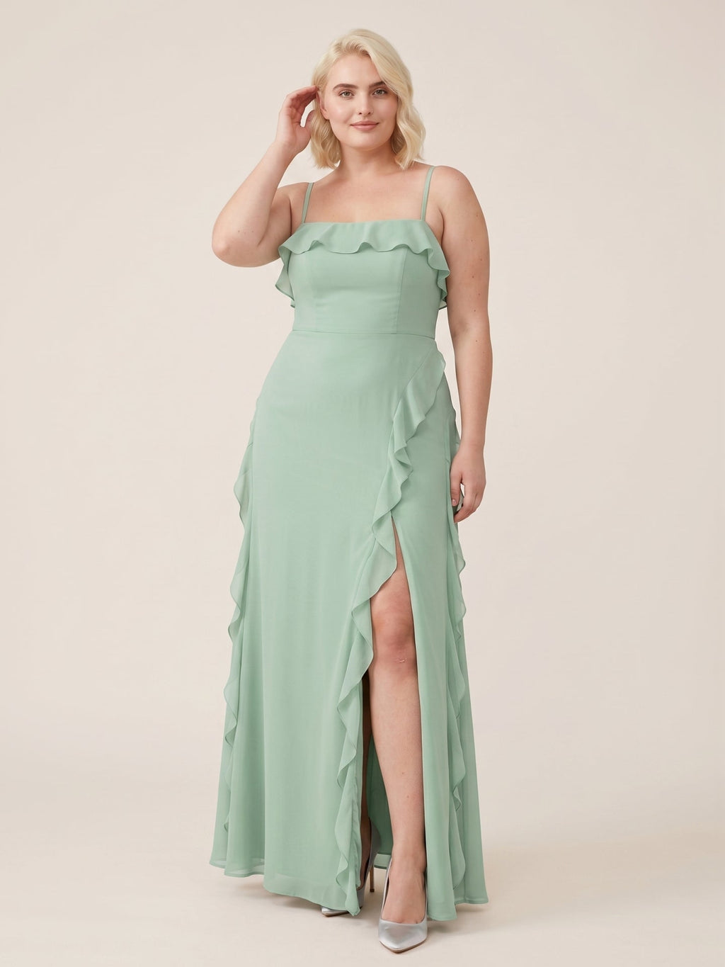 Elegant Mint Green Chiffon A-Line Straight Neck Backless with Ruffle Ankle-Length Plus Size Bridesmaid Dress - Curvevia