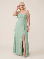 Elegant Mint Green Chiffon A-Line Straight Neck Backless with Ruffle Ankle-Length Plus Size Bridesmaid Dress - Curvevia