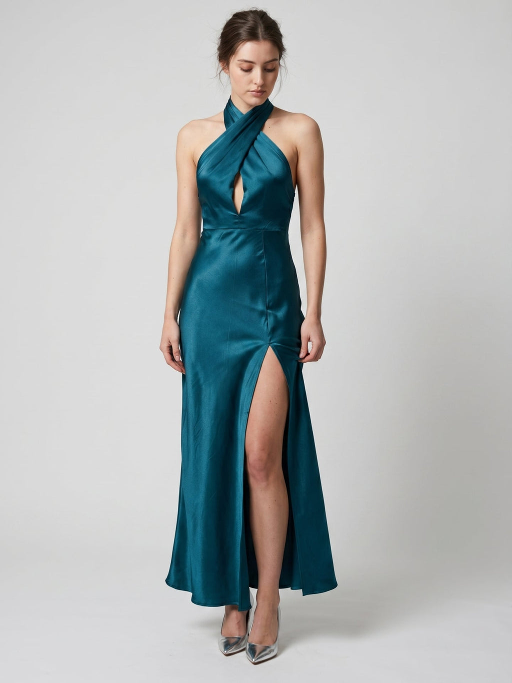 Teal Satin Sheath Halter Lace-Up Back Ankle-Length Bridesmaid Dress - Curvevia