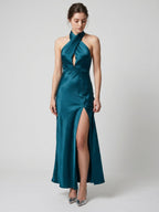 Teal Satin Sheath Halter Lace-Up Back Ankle-Length Bridesmaid Dress - Curvevia