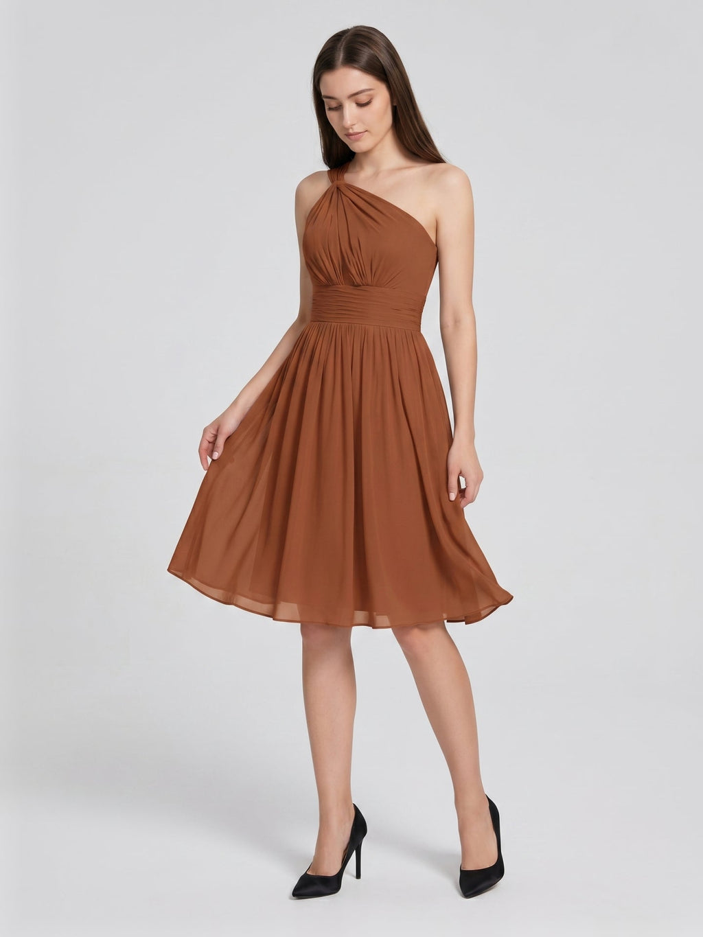Terracotta Chiffon A-Line One Shoulder Backless Knee-Length Pleated Bridesmaid Dress - Curvevia