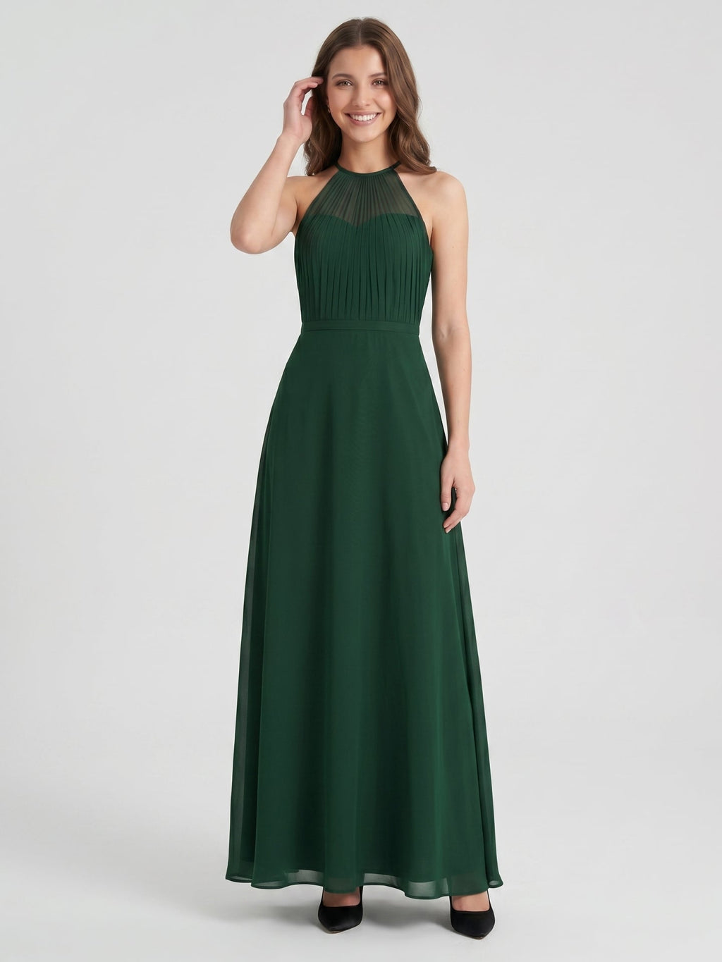 Forest Green Chiffon A-Line Halter Back Zip Floor-Length Bridesmaid Dress - Curvevia