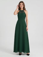 Forest Green Chiffon A-Line Halter Back Zip Floor-Length Bridesmaid Dress - Curvevia
