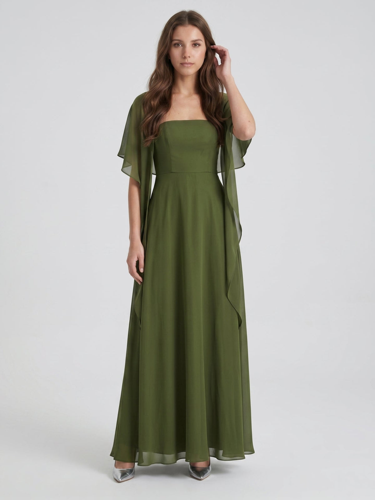 Olive Green Chiffon A-Line Straight Neck Backless Floor-Length Bridesmaid Dress with Cape - Curvevia