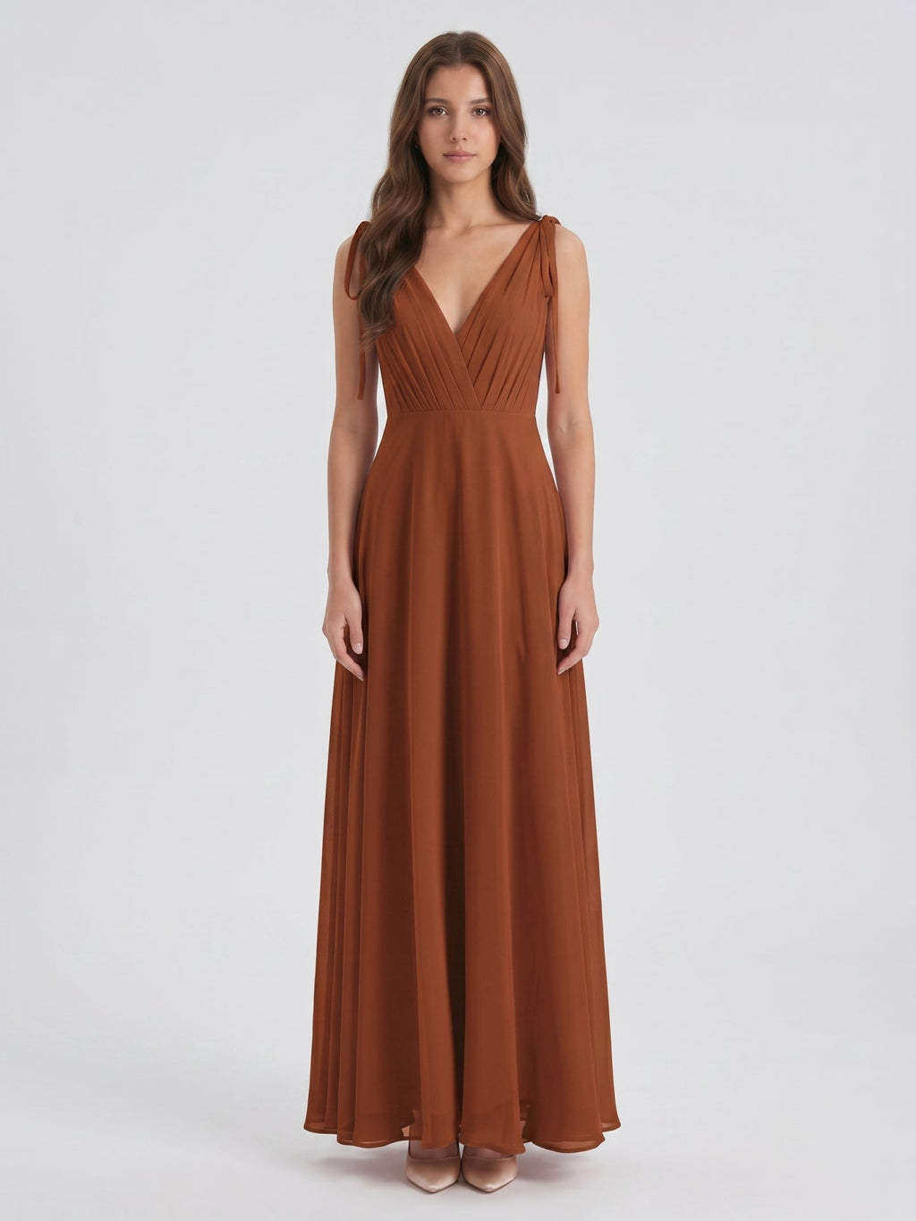 Terracotta Chiffon A-Line V-Neck Backless Floor-Length Bridesmaid Dress with Bow - Curvevia
