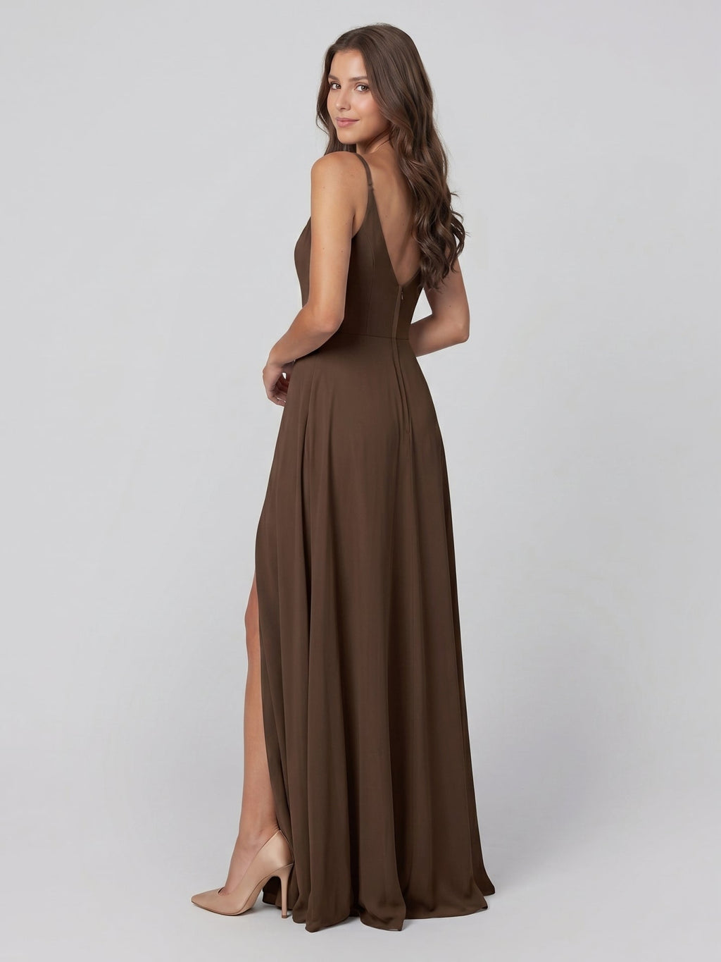 Mocha Chiffon A-Line V-Neck V-Back Floor-Length Bridesmaid Dress - Curvevia