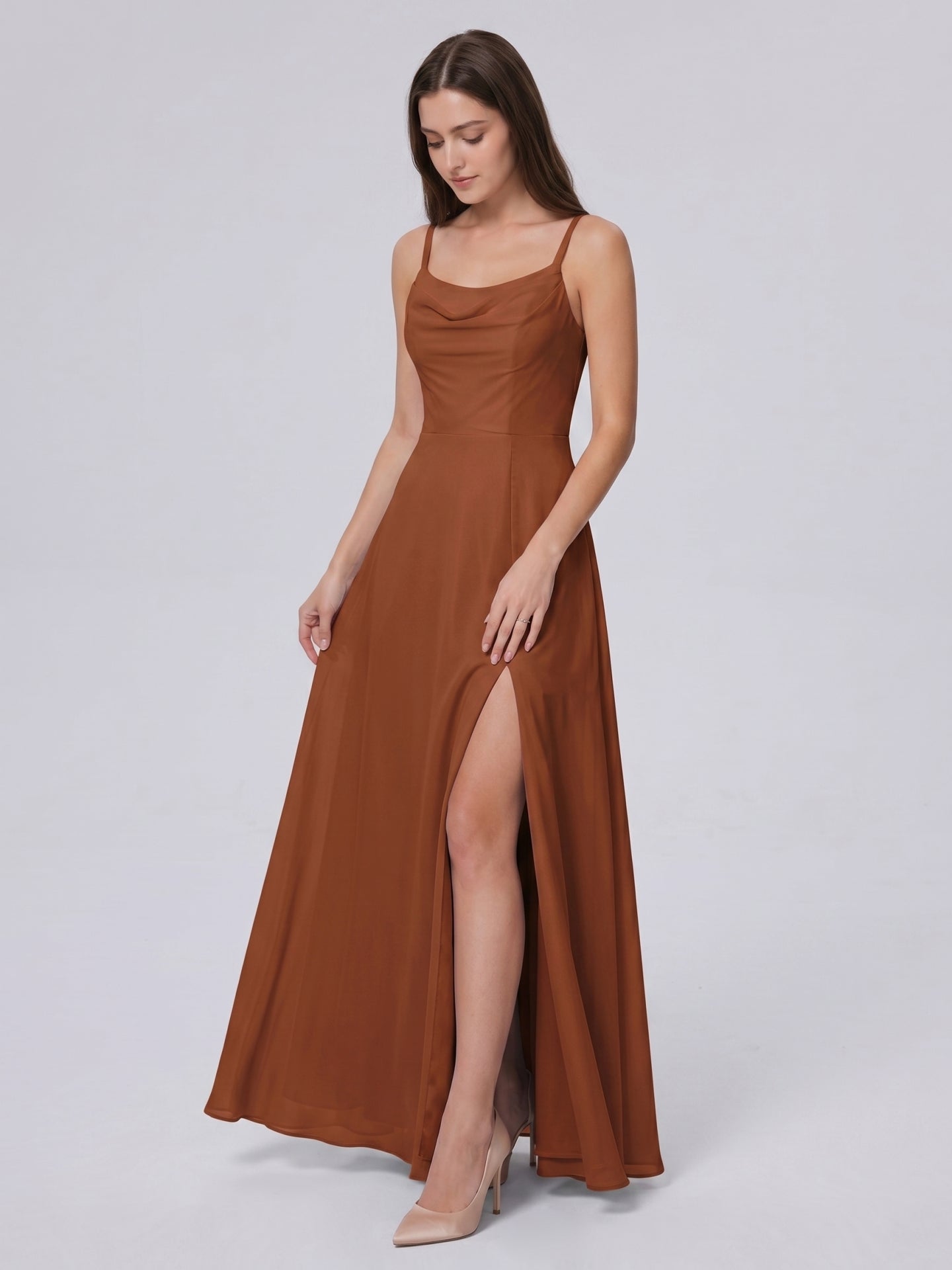 Terracotta Chiffon A-Line Scoop Neck Backless Ankle-Length Bridesmaid Dress - Curvevia