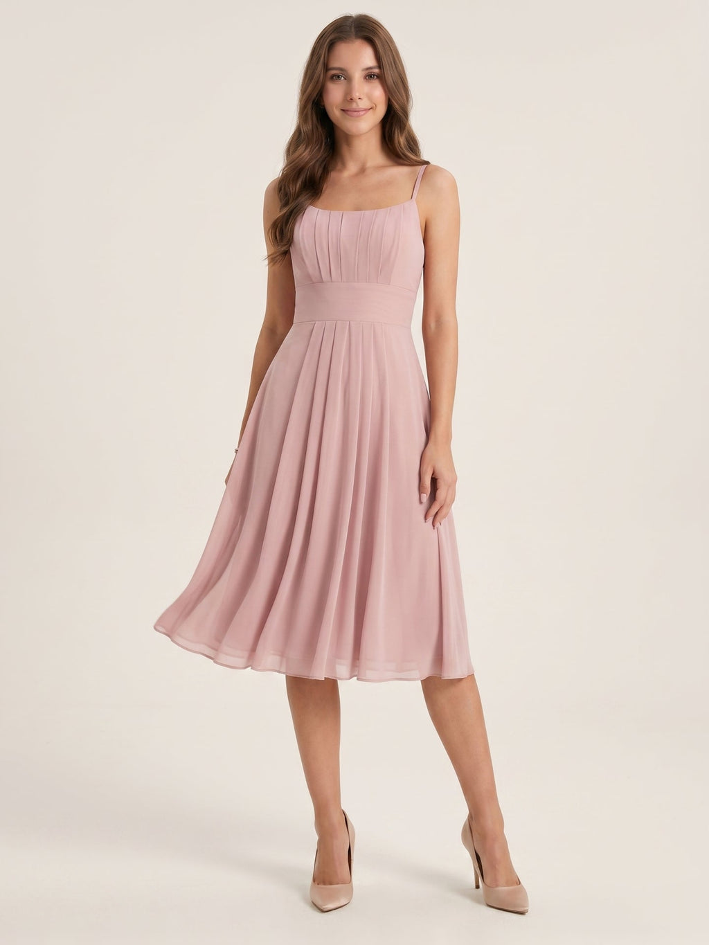 Coquette Dusty Rose Chiffon A-Line Straight Neck Back Zip with nan Knee-Length Bridesmaid Dress - Curvevia