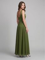 Olive Green Chiffon Column Scoop Neck Backless Floor-Length Bridesmaid Dress - Curvevia