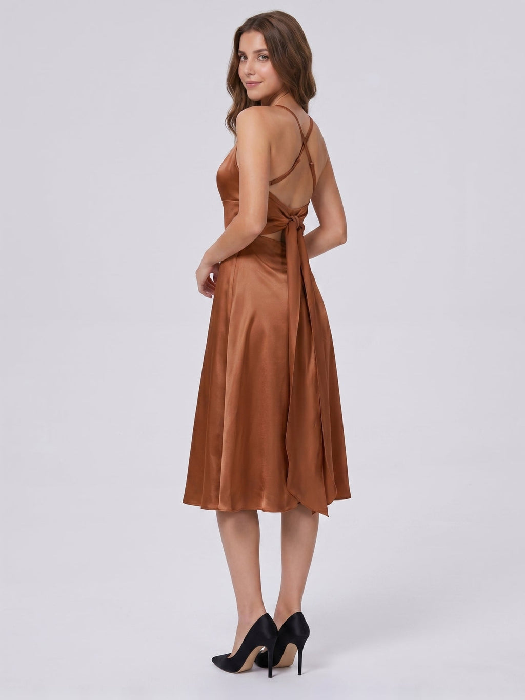 Terracotta Satin A-Line Scoop Neck Criss-Cross Back Knee-Length Bridesmaid Dress with Bow - Curvevia