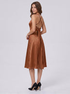 Terracotta Satin A-Line Scoop Neck Criss-Cross Back Knee-Length Bridesmaid Dress with Bow - Curvevia