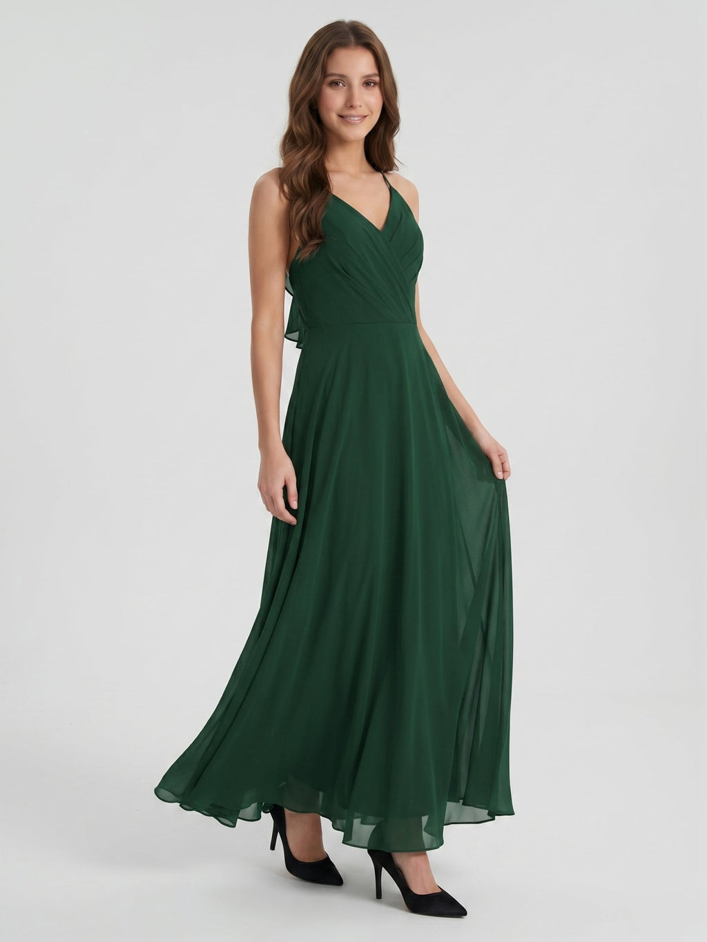 Forest Green Chiffon A-Line Halter Keyhole Back Floor-Length Ruffle Bridesmaid Dress - Curvevia