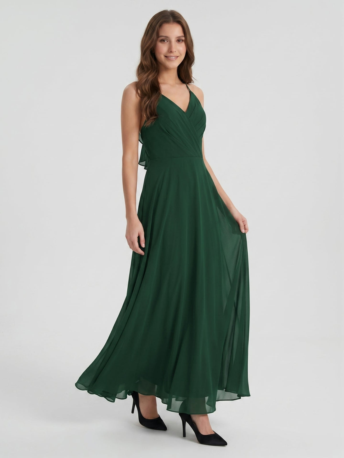 Forest Green Chiffon A-Line Halter Keyhole Back Floor-Length Ruffle Bridesmaid Dress - Curvevia