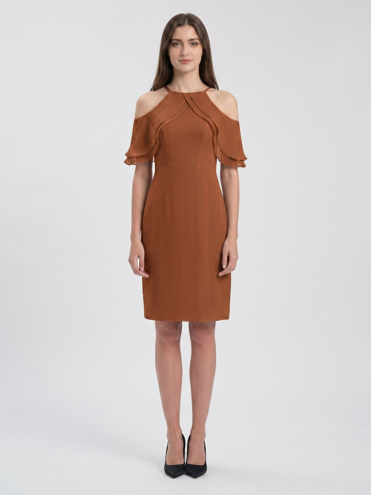 Terracotta Chiffon Sheath Off-the-Shoulder Back Zip Knee-Length Ruffle Bridesmaid Dress - Curvevia
