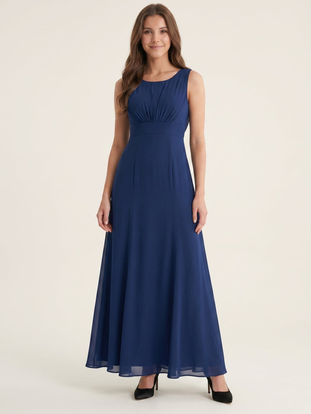Simple Navy Blue Chiffon A-Line Scoop Neck V-Back with Bow Accent Ankle-Length Bridesmaid Dress - Curvevia