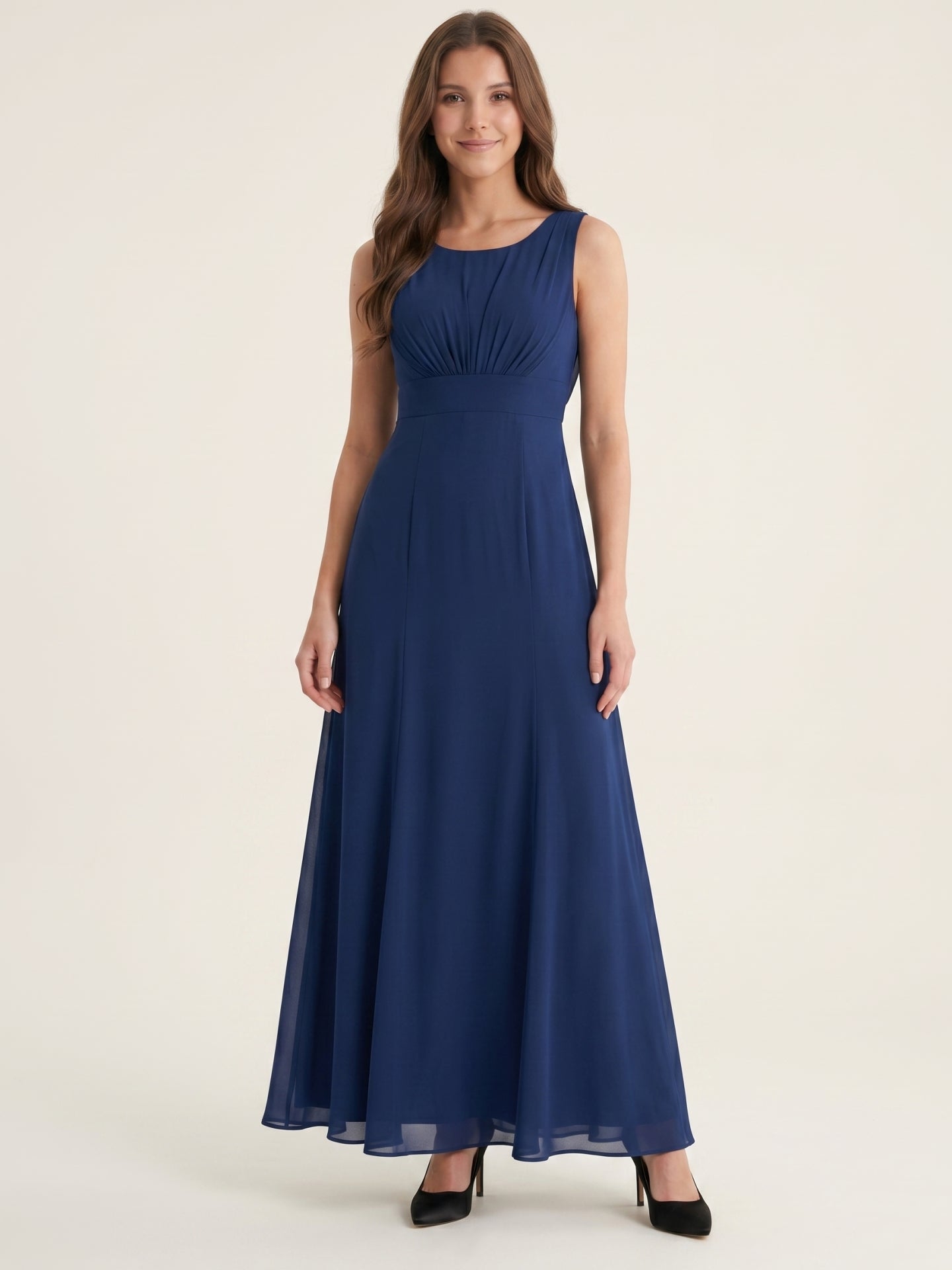 Simple Navy Blue Chiffon A-Line Scoop Neck V-Back with Bow Accent Ankle-Length Bridesmaid Dress - Curvevia