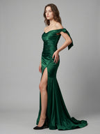 Emerald Satin Trumpet Off-the-Shoulder Backless Floor-Length Bridesmaid Dress with Bow - Curvevia