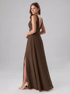 Mocha Chiffon A-Line V-Neck V-Back Floor-Length Pleated Bridesmaid Dress - Curvevia