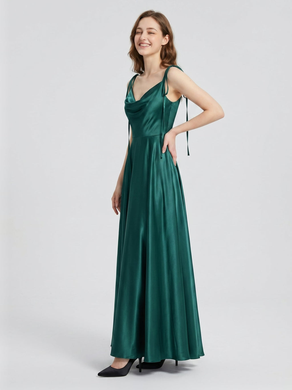 Peacock Satin A-Line Cowl Neck Back Zip Floor-Length Bridesmaid Dress with Bow - Curvevia