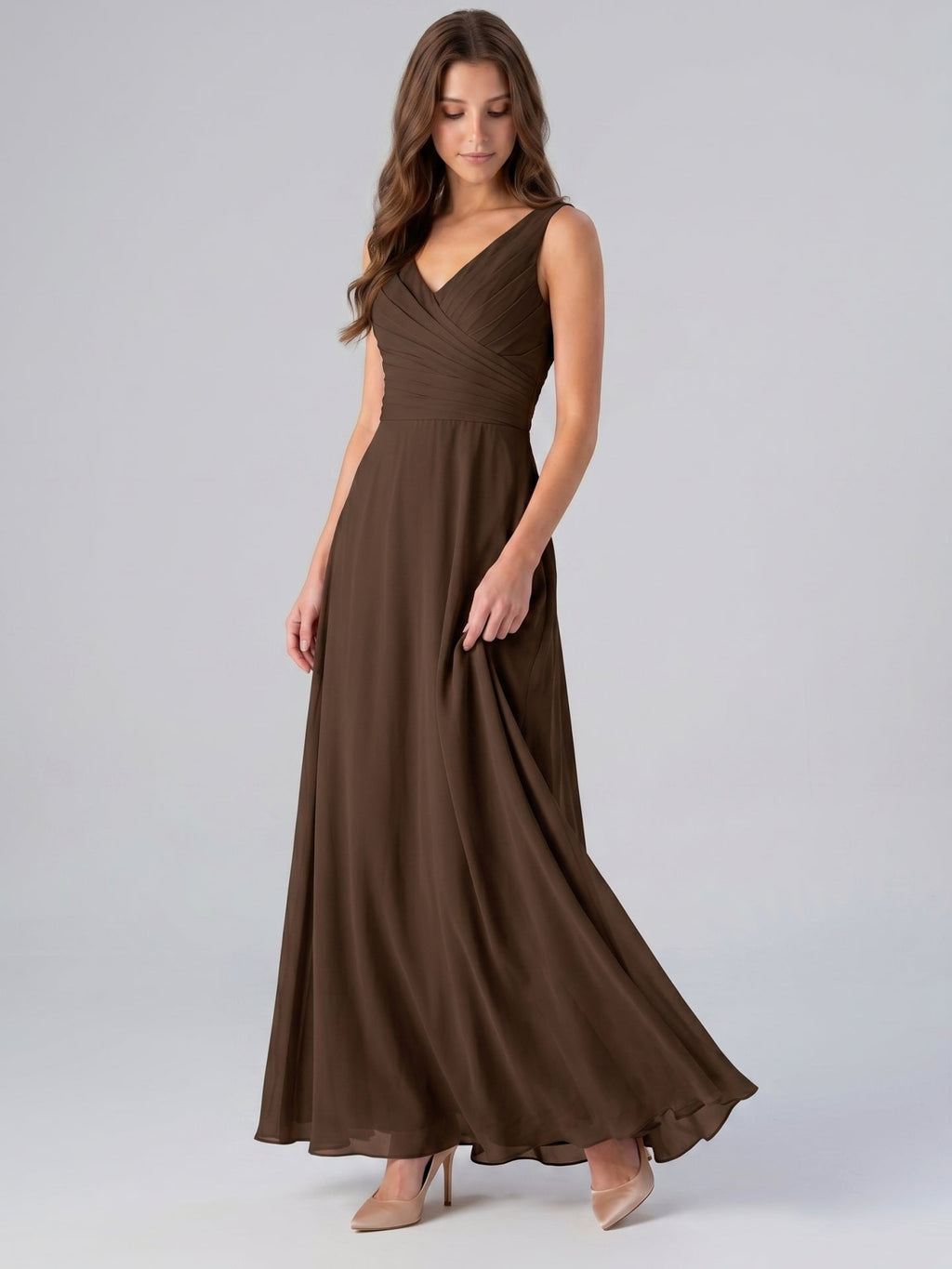 Mocha Chiffon A-Line V-Neck V-Back Floor-Length Bridesmaid Dress with Pockets - Curvevia