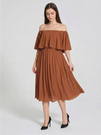 Terracotta Chiffon A-Line Off-the-Shoulder Backless Tea-Length Ruffle Bridesmaid Dress - Curvevia
