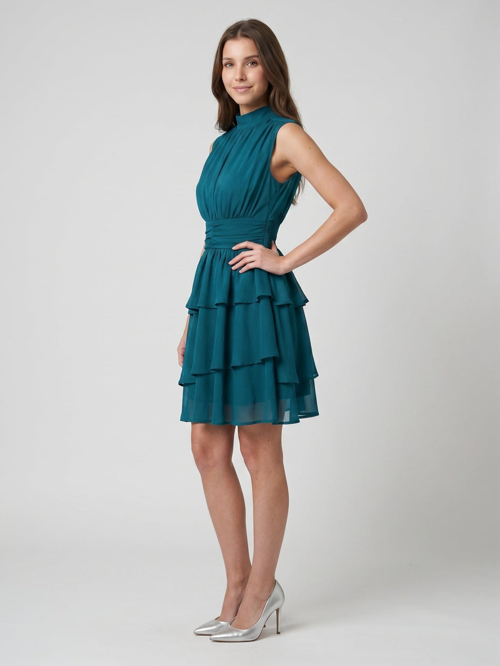 Teal Chiffon A-Line Scoop Neck Back Zip Knee-Length Cascading Ruffle Bridesmaid Dress - Curvevia