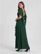 Forest Green Chiffon A-Line V-Neck Backless Floor-Length Ruffle Bridesmaid Dress - Curvevia