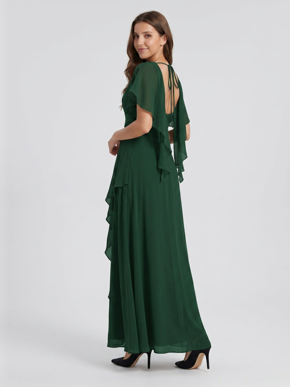 Forest Green Chiffon A-Line V-Neck Backless Floor-Length Ruffle Bridesmaid Dress - Curvevia