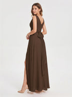 Mocha Chiffon A-Line V-Neck V-Back Ankle-Length Bridesmaid Dress with Bow - Curvevia