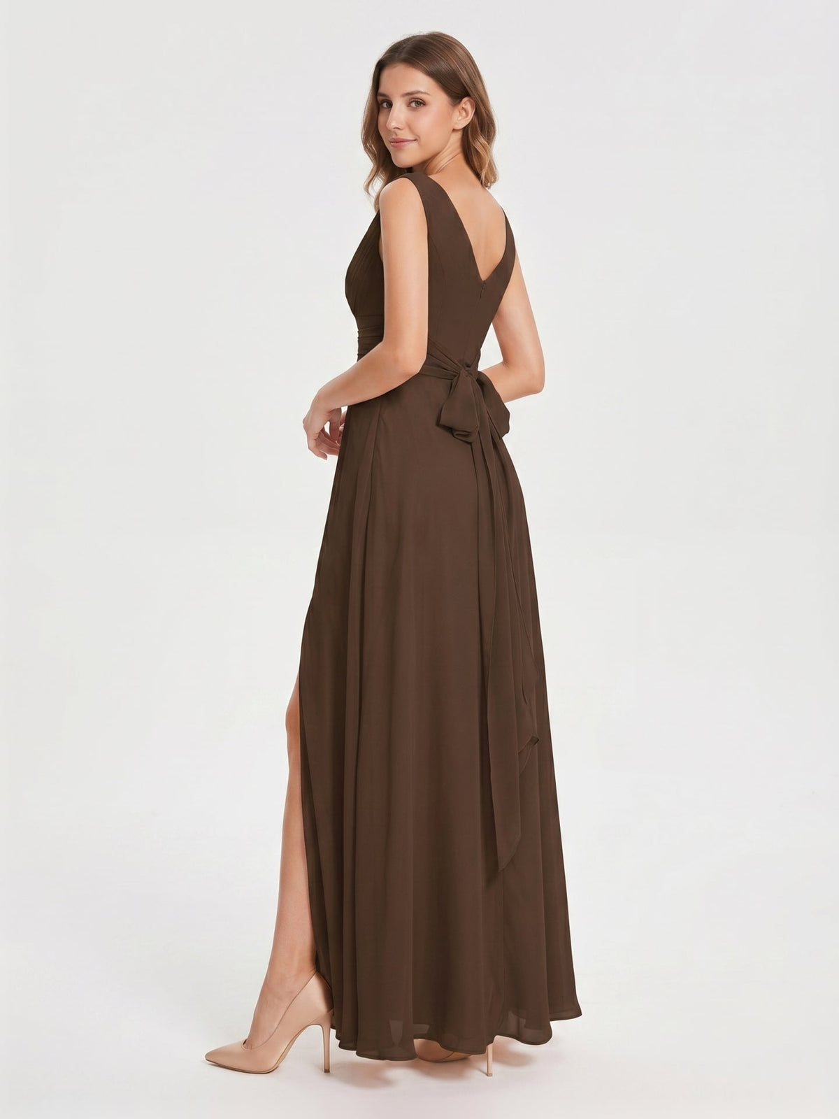 Mocha Chiffon A-Line V-Neck V-Back Ankle-Length Bridesmaid Dress with Bow - Curvevia