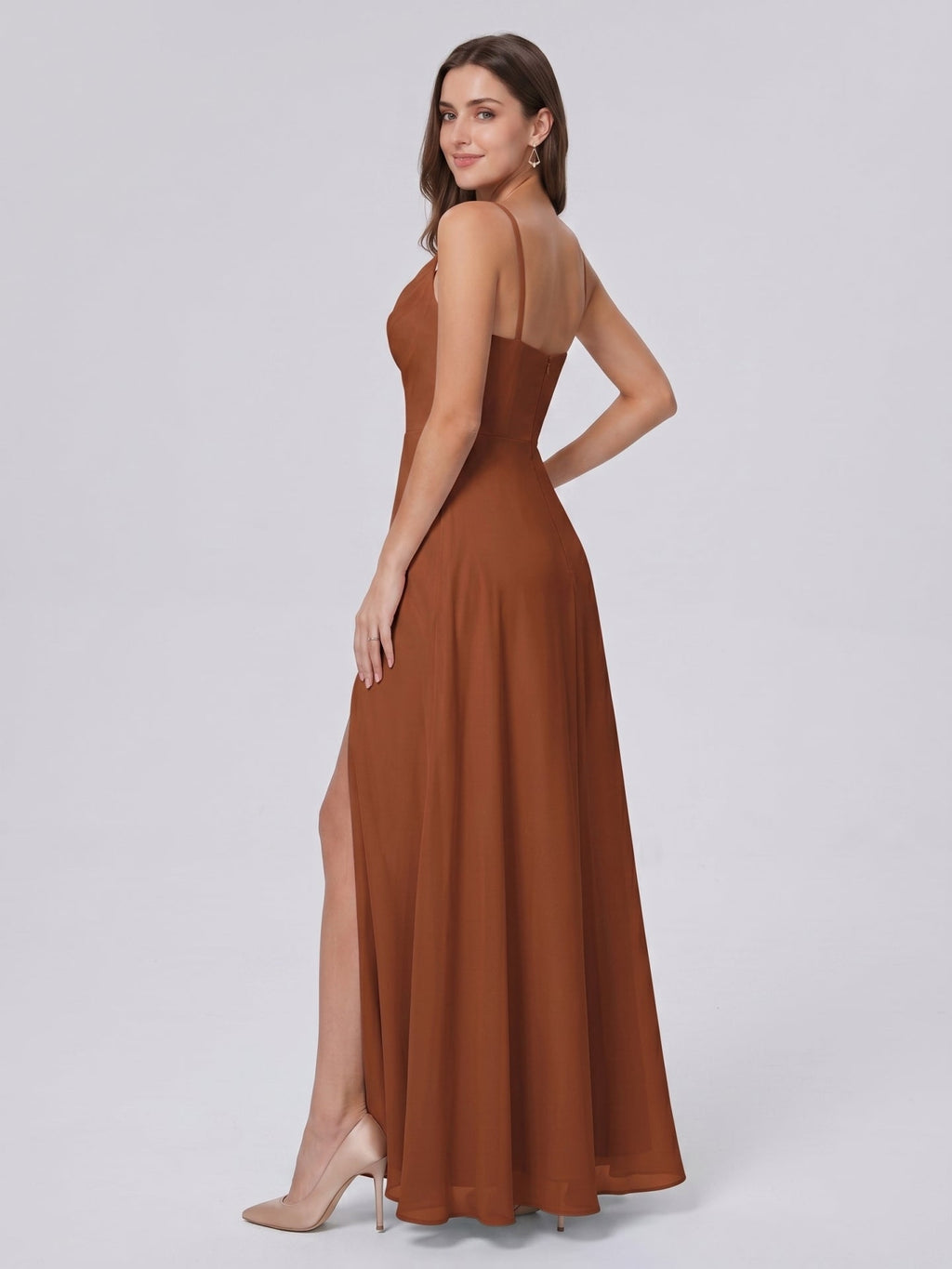 Terracotta Chiffon A-Line Scoop Neck Backless Ankle-Length Bridesmaid Dress - Curvevia