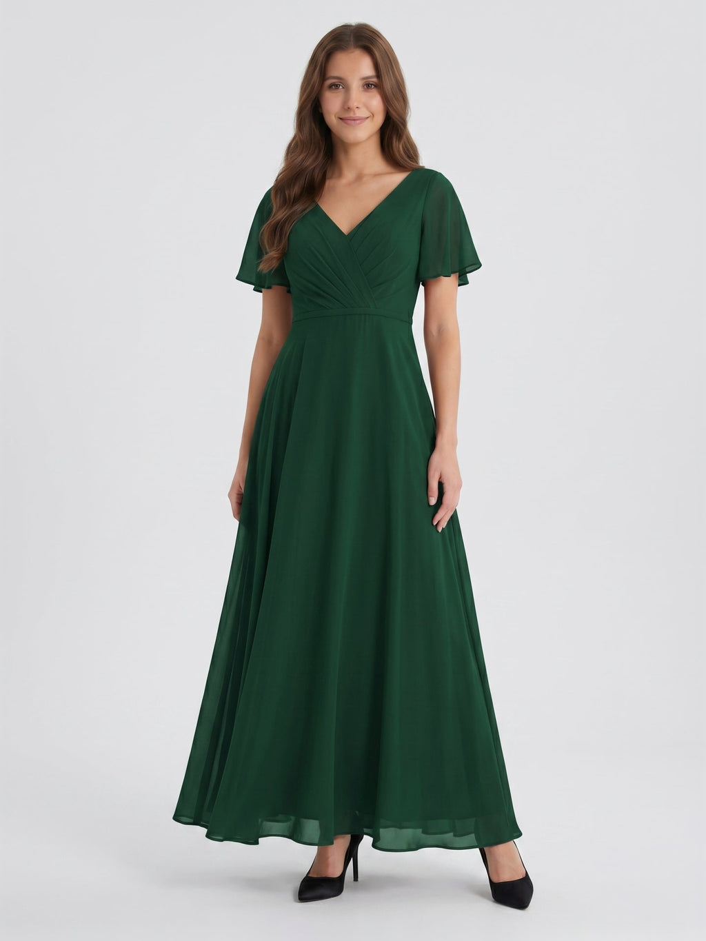 Forest Green Chiffon A-Line V-Neck V-Back Floor-Length Bridesmaid Dress - Curvevia